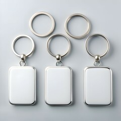 Fototapeta premium Three blank white keychains with silver rings. perfect for branding. advertising. or personalized gifts.