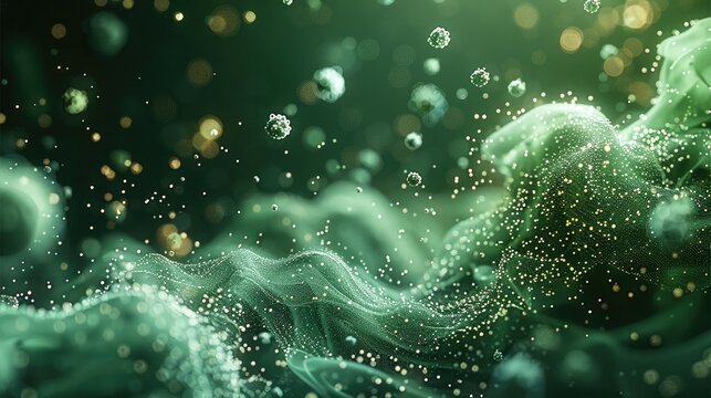 A close-up of an abstract digital landscape made from microscopic spherical particles and tiny cells, with a dark green background. Generative AI.