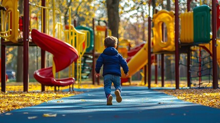A child happily explores a vibrant playground filled with whimsical structures.