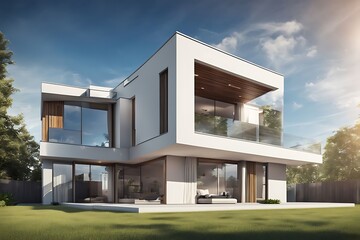 Modern private house with blue sky, House design, real estate property architecture concept