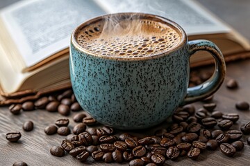 A handcrafted ceramic cup brimming with hot coffee rests amidst scattered coffee beans and an open book.