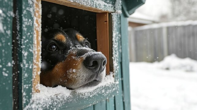 Curious dog with brown and white fur peeking out from green painted wooden doghouse in snowy winter setting