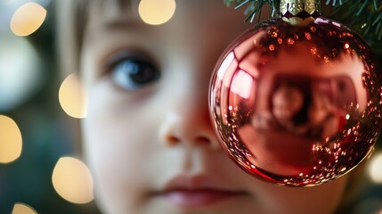 Caucasian child's face partially visible with blue eye and red Christmas ornament ball reflection in festive setting