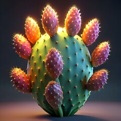 A vibrant 3D illustration of a prickly pear cactus. showcasing its unique texture and colorful fruits.