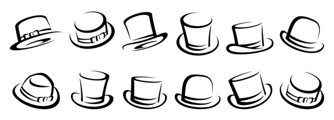 Hat Silhouettes, black top hat set vector. Vector illustration.