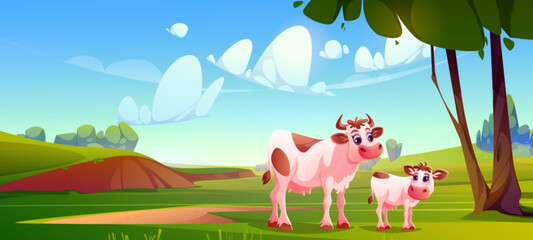 Cow with calf graze in pasture with green grass and trees on hills under blue sky with white cloud on summer sunny day. Cartoon vector countryside grassland landscape with domestic dairy cattle animal © klyaksun