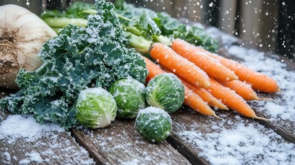 Fresh winter vegetables including kale carrots and brussels sprouts on snow-covered wooden surface with falling snow