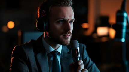 A dedicated broadcaster shares breaking news with a serious demeanor, gripping the microphone in a polished outfit.
