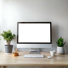 Clean and minimalist workspace featuring a desktop computer with a blank screen. keyboard. and plants.
