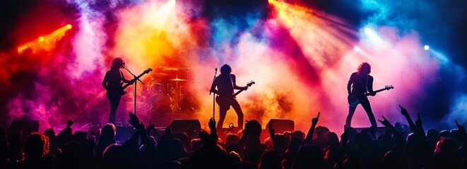 Live Music Performance, High resolution image of a rock band performing on stage, with vibrant stage lights, a cheering crowd, and an electric atmosphere