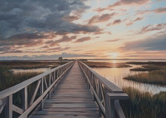 Fototapeta premium Oil painting capturing a sunset view of an iconic wooden bridge renowned for its length and age showcasing the beauty of traditional craftsmanship in a serene landscape