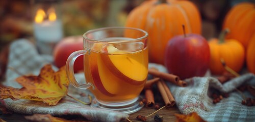 Glass mug of apple cider with cinnamon sticks and star anise sits on a rustic wooden table with a blurry autumn background