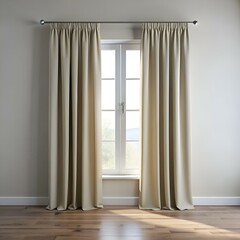 Beige curtains framing a window with a view of a green landscape.