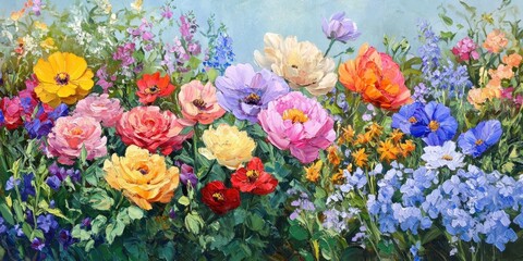 Artistic oil painting of a vibrant flower garden in full bloom showcasing a variety of beautiful flowers