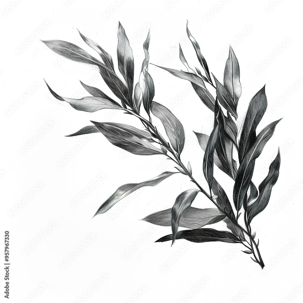 Sticker Charcoal sketch of willow leaves, dramatic and moody. isolated on white background 