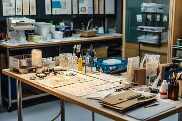 A table brimming with medical tools and charts in a pre-treatment area exemplifies preparedness in healthcare.