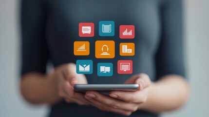 Futuristic Business Hub with Floating Digital Icons in - Copy Space & Selective Focus, Concept