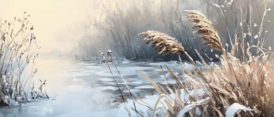 Oil painting depicting a reed in a chilly winter setting