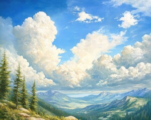 Naklejka premium Oil painting depicting a mountain landscape with a blue sky and fluffy clouds showcasing serene natural beauty