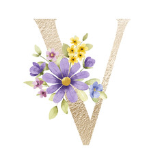 Letter V, golden floral monogram with watercolor flowers and leaf. Gold letterhead, initial perfectly for logo, wedding invitation, greeting card, poster. Holiday digital design hand drawing.