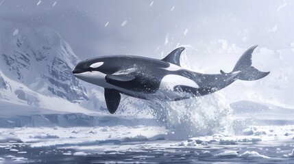 Fototapeta premium Majestic Orca Whale Leaping from Arctic Ocean Waves During Winter