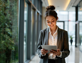 A smiling businesswoman working in an office, holding a tablet while looking at her laptop, embodying professionalism and success in a modern work environment