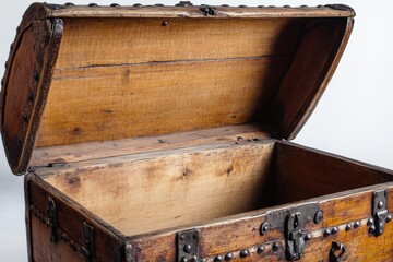 A wooden treasure chest, slightly aged, with its lid open revealing an empty interior