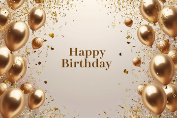 "Happy birthday" card on colorful celebartion background with golden balloons. AI