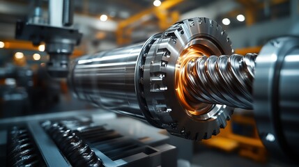 Fototapeta premium Close-up of a Rotating Screw on a Metal Lathe Machine