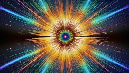 Vibrant high dynamic range HDR photography capturing the mesmerizing display of radiation emitted during nuclear fission, Bright fractal burst with colorful rays and glowing stars.