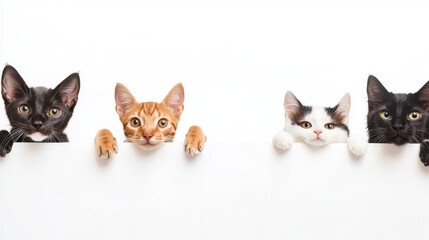 Cute dogs and cats together, hanging their paws over a white horizontal website banner or social...