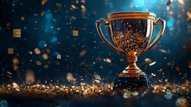 wonderful Champion golden winners trophy cup with falling golden confetti on bokeh background