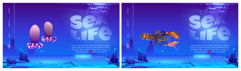 Web banner or landing page template with childish underwater landscape. Cartoon vector seascape with octopus and lobster on sea or ocean deep under water bottom with sand and stones, weeds and bubbles © klyaksun