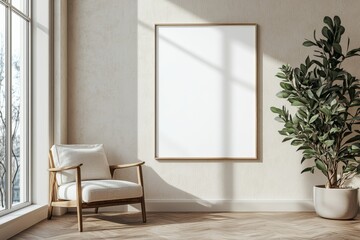 Poster Frame in Beige minimalist living room interior created with generative AI