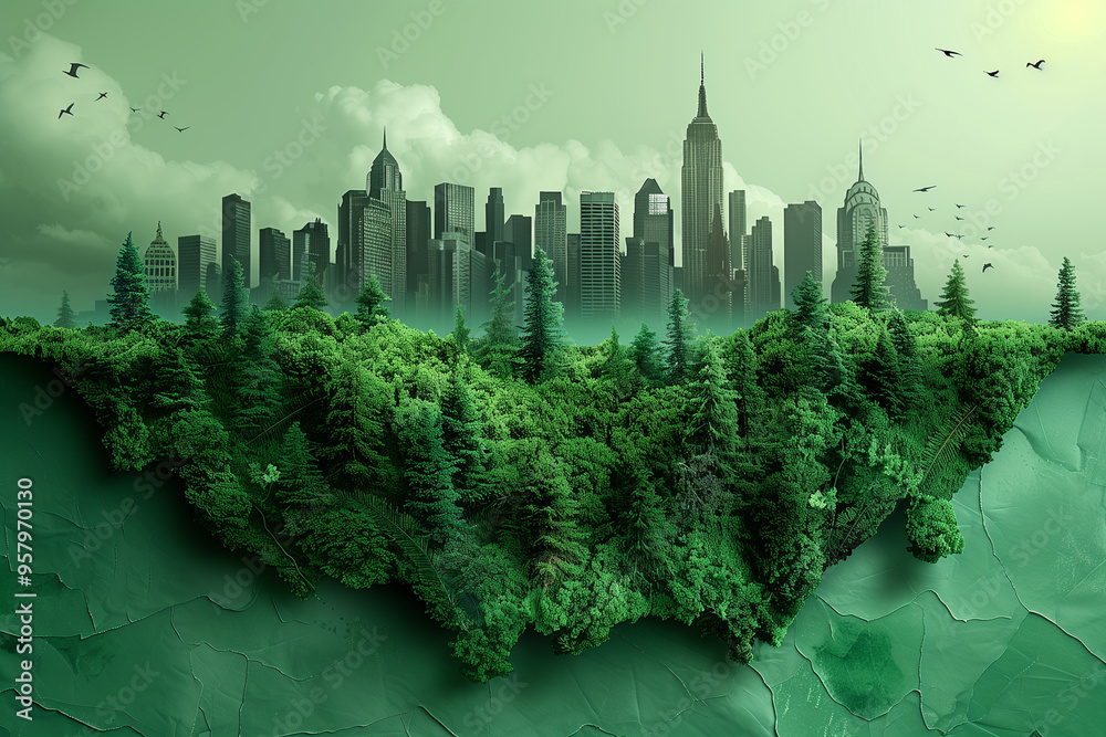 Wall mural Green city, Earth Day, World Environment Day and sustainable development concept,