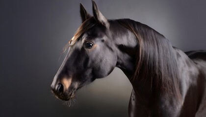 Close up view of a black horse with mane hair showing. isolated on black background with copy space.