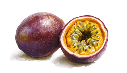 Oil painting of isolated passion fruits on a white background featuring one and a half maracuja fruits with a clipping path