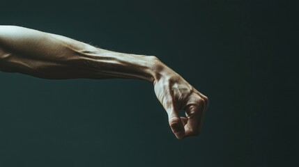 Obraz premium Close-up of a muscular male arm reaching out with a clenched fist, showcasing detailed veins and tendons against a dark blue background.