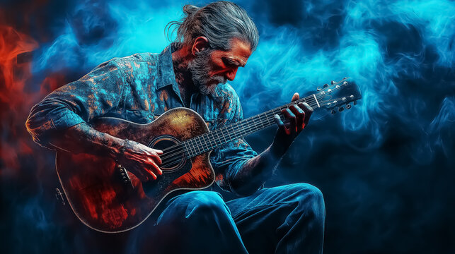 A soulful musician passionately playing an acoustic guitar, ideal for music events, festival promotions, or artistic projects. Design for Wall Art, Poster Print, Wallpaper & Background