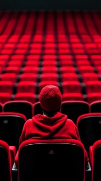 A single person sits in a theater of empty red seats, facing a stage.  The image evokes themes of solitude, performance, and anticipation.