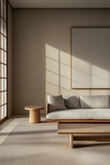 Japandi living room interior composition blending Japanese and Scandinavian minimalism with elegant furniture.
