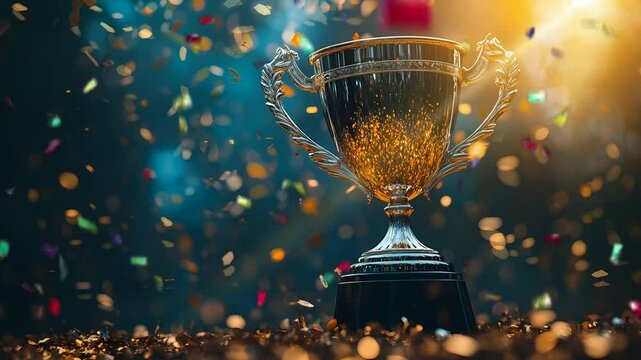 Amazing Champion golden winners trophy cup with falling golden confetti on bokeh background