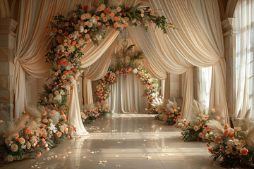 Maternity backdrop, wedding backdrop, photography background with delicate flowers arch and vintage wall.