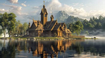 Obraz premium Majestic Wooden Castle Reflected in Serene Lake Surrounded by Forested Mountains