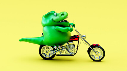 Fun 3D cartoon illustration of a Trex on a motorbike © Julien Tromeur