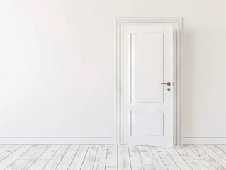 An empty room with a white door and a wooden floor