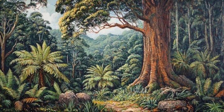 Oil painting depicting a kauri tree surrounded by lush forest scenery