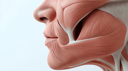 A close-up side view of a human face, showcasing the intricate muscle structure and anatomy.