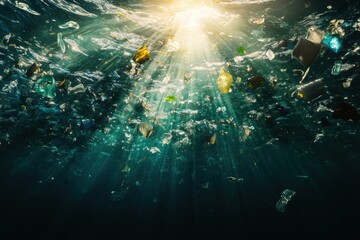 Obraz premium An underwater view showing the polluted ocean filled with floating plastic waste