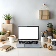A minimalist workspace mockup featuring a laptop with a blank screen. a cup of coffee. and stylish decor.